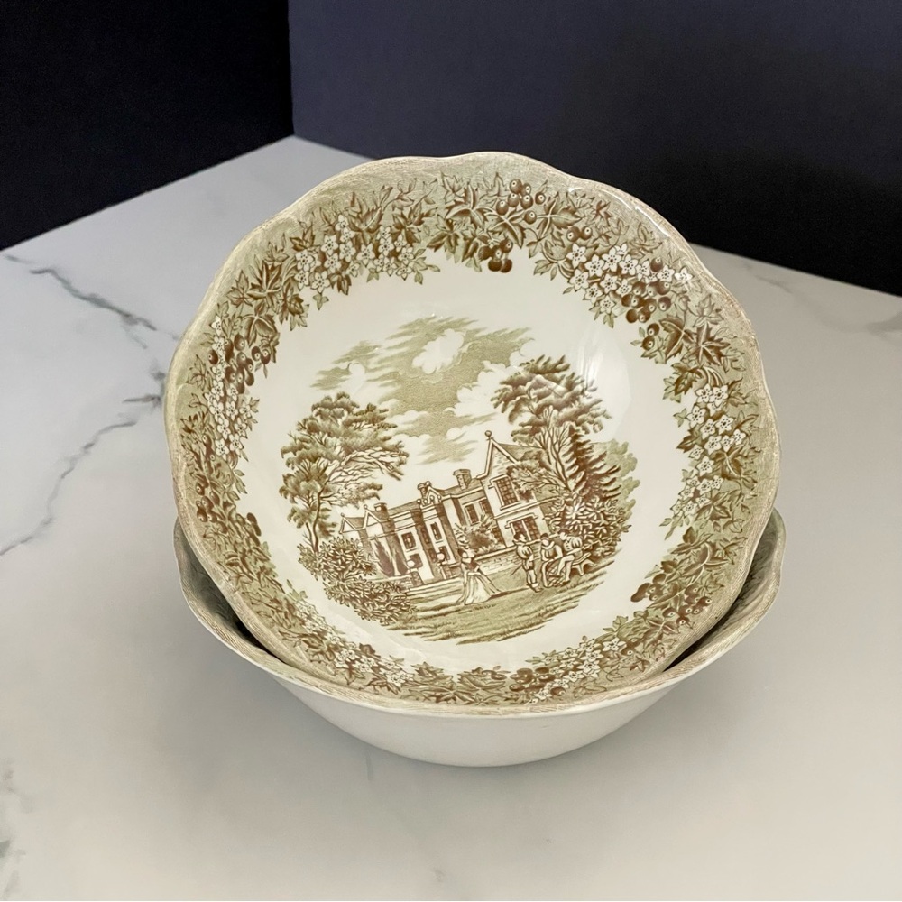 SET of 2 Cereal Bowls - Chequers Romantic England Green Ironstone - J&G Meakin
